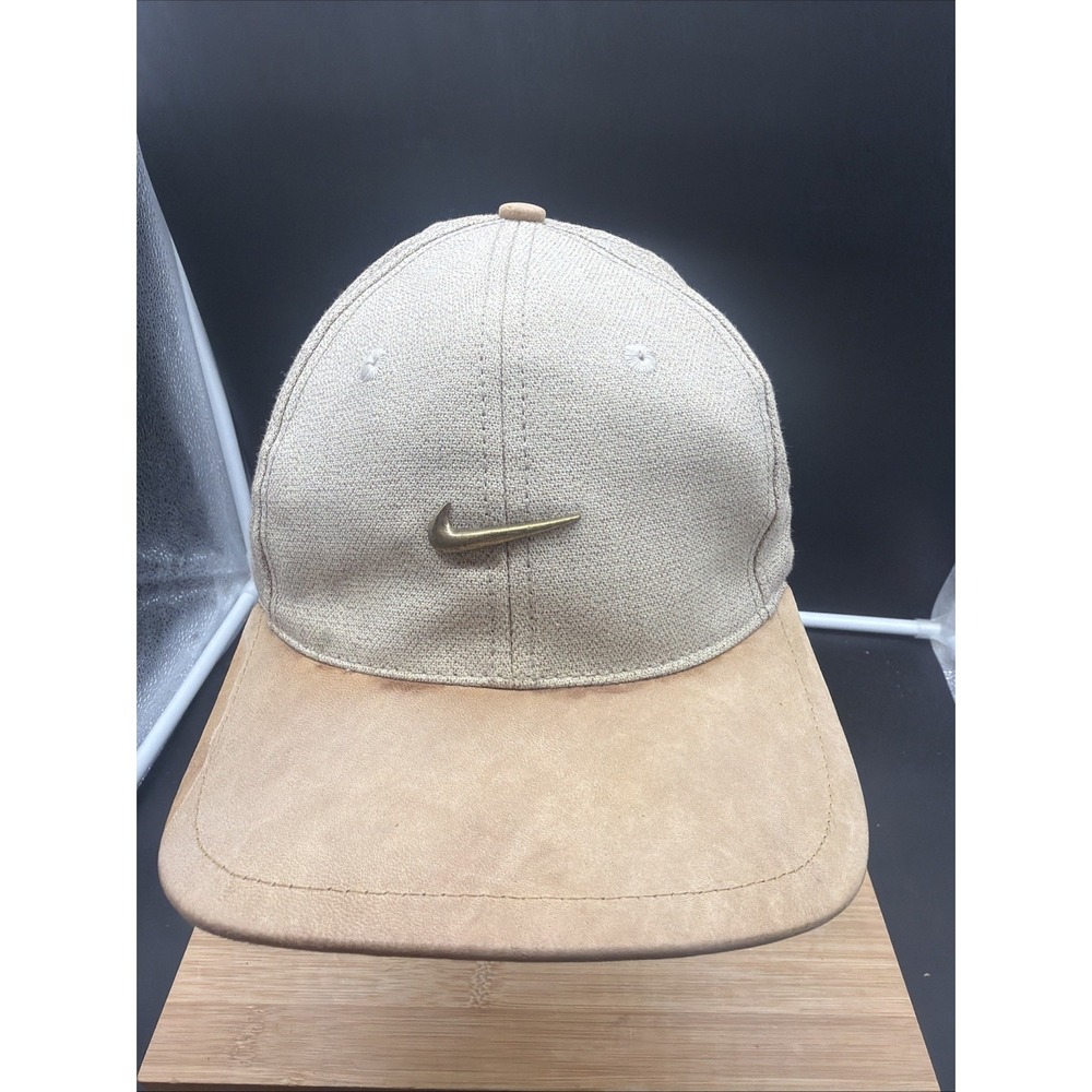 Vintage 90's Nike Golf Ball Cap Beige Gold Swoosh Leather Brim Leather Strap